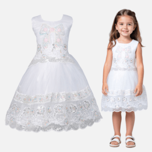 Wedding & Birthday Wear White Frock with Net Flare, Floral Embroidery (5-6 Y)