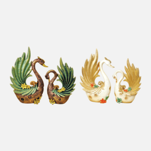 Decorative Duck Show Piece Figurine Set, White and Gold, Ceramic, 2 Pcs